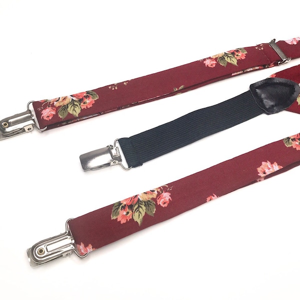 burgundy bow tie and suspenders wedding