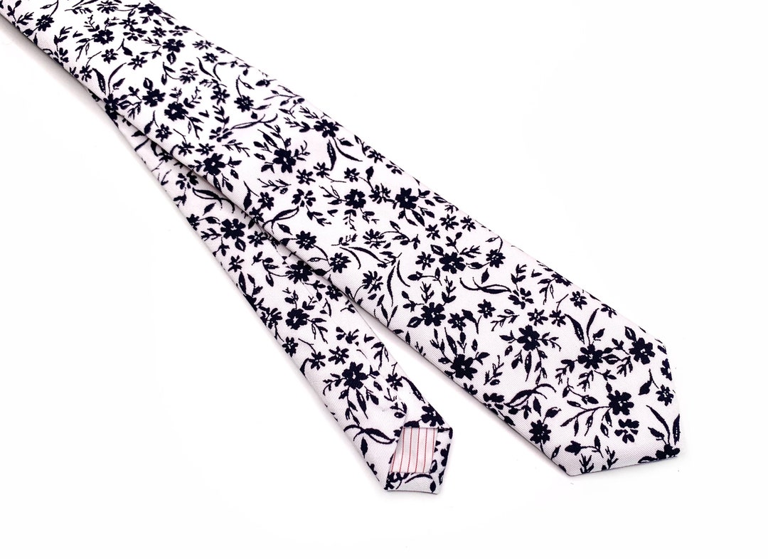White Tie Black Floral , White Necktie , Bow Tie  display picture 3