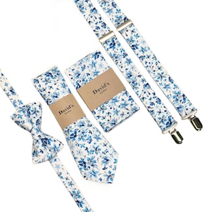 Blue Floral Necktie, Shades of blue Floral, White and Dusty Blue Floral Tie, Rustic Wedding Ties, Groomsmen Ties, Pocket Square , Suspenders
