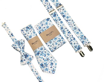 Blue Floral Necktie, Shades of blue Floral, White and Dusty Blue Floral Tie, Rustic Wedding Ties, Groomsmen Ties, Pocket Square , Suspenders
