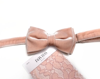 May include: A blush pink velvet bow tie with a matching fabric swatch labeled "Petal" and "David's Bridal".
