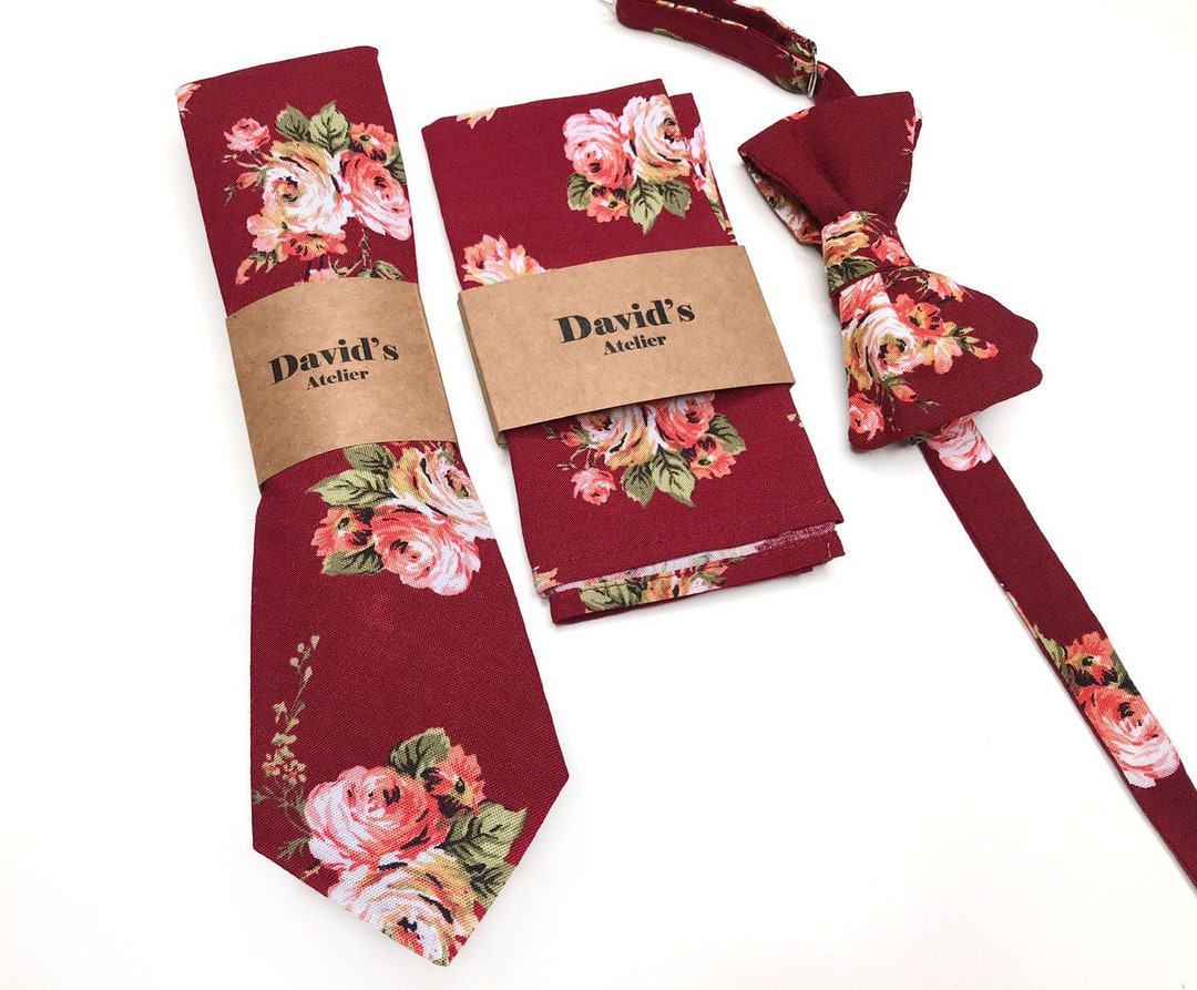 burgundy floral skinny tie