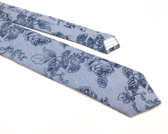 Blue Linen Floral Tie with NAVY flowers , skinny necktie , davids bridal , Pocket Square , Bow tie , Kids , Necktie 2.35  3 inches 3.26