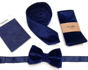 Blue Velvet Bow Tie, Midnight Navy Blue Velvet Bow Tie, Necktie  Pocket Square , Suspenders, Groomsmen Wedding Velvet Ties