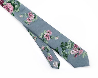 Blue floral Tie , Dusty Navy Necktie , Bow tie , Suspenders , Pocket Square