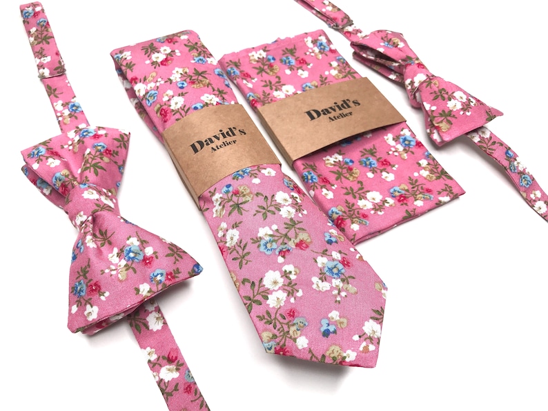Pink Floral Necktie Rose Skinny Necktie Bow Tie Pocket Etsy