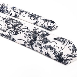 White Floral Tie with Black flowers , skinny necktie , davids bridal , Pocket Square , Bow tie , Kids , Necktie 2.35  3 inches 3.26