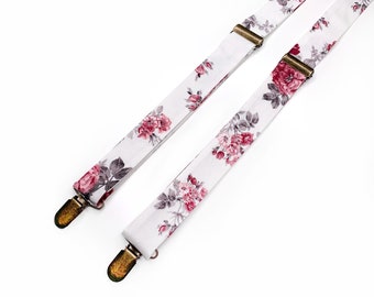 Bretelles florales blanches , cravate blanche rose rouge , nœud papillon , carré de poche