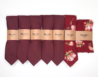 Conjunto personalizado de corbatas lisas burdeos + 1 corbata floral burdeos + 1 pañuelo de bolsillo Conjunto de boda para hombre Corbata granate personalizada Corbata de padrino de boda