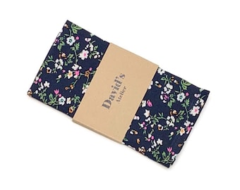 Navy Blue Floral handkerchief, Wild Flower Floral handkerchief, White Green floral, Rustic Wedding Pocket Square, Groomsmen Pocket Squares