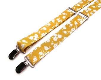 Yellow floral Suspenders , White Flowers Necktie , Bow tie , Pocket Square