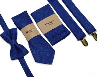 Blue Jacquard Tie , Horizon Navy Blue Floral Wedding Necktie , Groom Tie , Suspenders, Pocket Square , Bow tie  + Personalization