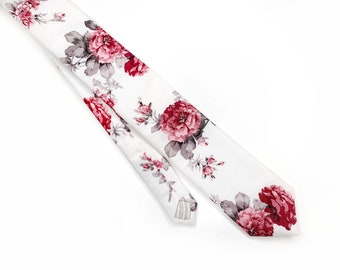 White floral Tie , Red Rose White Necktie , Bow tie , Suspenders , Pocket Square