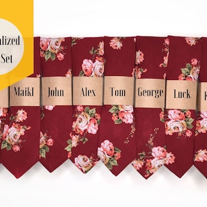 Set Burgundy floral Skinny tie, Personalized , Groomsmen gifts , Floral tie , Burgundy , Skinny tie , Wedding ties Men floral ties