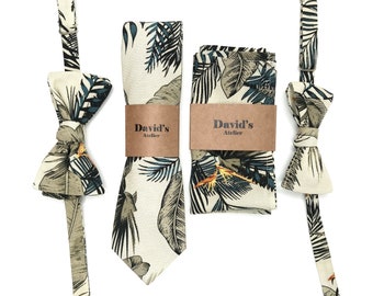 Tropical hawaii Tie , Men&#39;s Palm Leaf Necktie, Hawaiian Wedding Tie , Groomsmen ties , Pocket Square , Bow tie regular tie  2.36 3 inches