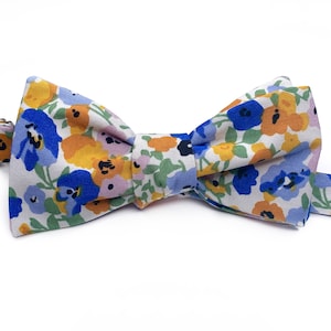 Floral Bow Tie , Mustard and Blue floral Necktie , Bow tie , Suspenders , Pocket Square