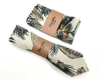 Tropical hawaii tie , Pocket square , Men&#39;s Palm Leaf Slim, Pocket Square Wedding Tie ,Bow tie, Groomsmen regular tie  2.36 3 inches