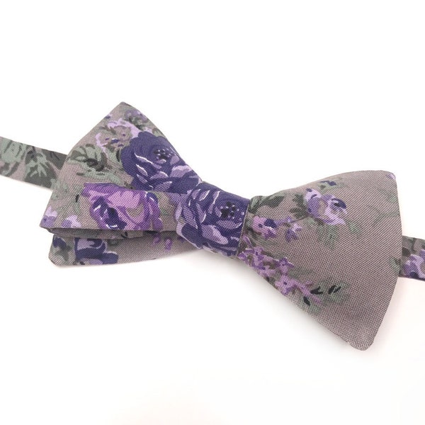 Gray floral Bow Tie with Violet flowers, skinny necktie davids bridal tie , Floral Necktie , Pocket Square , Bow tie , Kids Bow tie