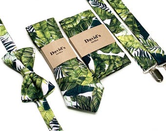 Green Tropical NeckTIE ,Hawaii Wedding ,Floral Tropical Tie ,Hawaiian Wedding Necktie Beach Palm Tree Necktie 2.36 inches , 3 inches , 3.25