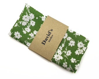 Green floral Pocket Square , White Flowers Necktie , Bow tie , Suspenders