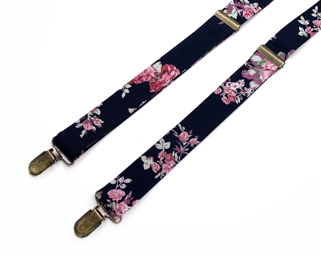 Dark Navy Floral Suspenders , Rose Floral Necktie , Bow Tie , Pocket