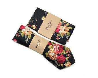 Black Floral linen Tie , matching Pocket Square , skinny Tie Black Boho Wedding Matching Tie Personalized blush black floral handkerchief