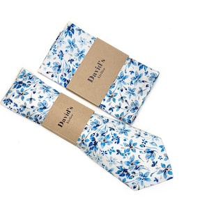 Set of matching ties and Pocket Square Blue Floral Tie, Shades of blue Floral, White and Dusty Blue Floral Necktie, Rustic Wedding Ties