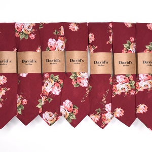 Set of Burgundy floral Ties Maroon Wedding Tie For Davids Bridal Dress, skinny floral ties Wedding Ties