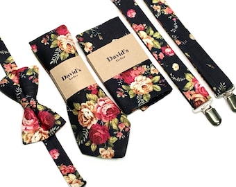 Black Floral Skinny Tie Men Wedding tie Linen Black matching dresses Personalized Floral Necktie Groom tie Groomsmen blush flowers Skinny