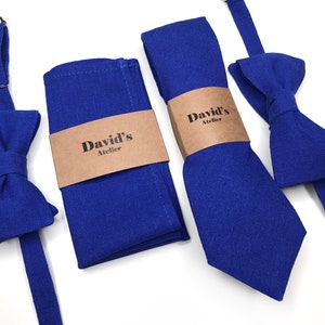 HORIZON Blue linen Mens Bow Tie , cobalt blue davids bridal tie , Solid Linen Necktie , Skinny tie , Pocket Square , Bow tie , Kids Bow tie