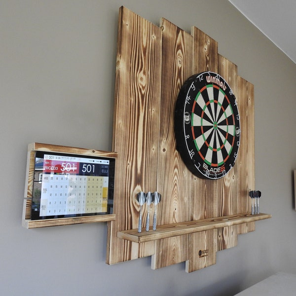 WOODEN Dartboard Surround | PREMIUM dart wall protection + tablet holder | Catchring | Backboard | Burned Look or Color Design | Made in Berlin