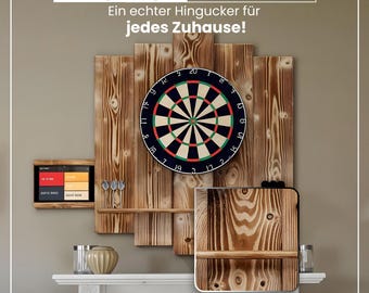 Cornice per bersaglio per freccette in LEGNO | Protezione da parete per freccette PREMIUM e supporto per tablet | Anello di cattura | Tabellone | Effetto bruciato O design colorato | Prodotto a Berlino