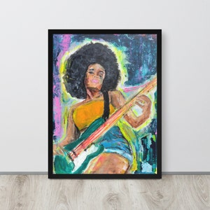May include: A painting of a woman with an afro playing a green electric guitar. The woman is wearing a yellow tank top and blue denim shorts. The background is a colourful abstract design.