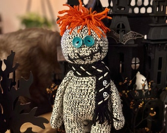Whimsical Handmade Halloween Crochet Monster Plush with Tiny Skull Scarf. Creepy/Cute Voodoo-like.
