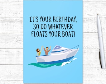 Tarjeta de cumpleaños con un barco divertido y un diseño de ballena (descarga digital)