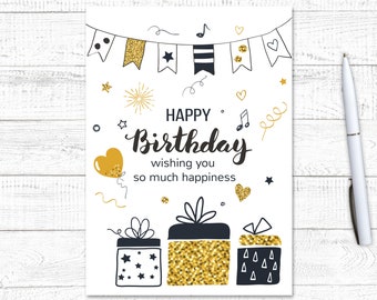 Golden Birthday Card, PRINTABLE Birthday Card, Happy Birthday Card, Cute Birthday Card, Pretty Birthday Card, Black and Gold