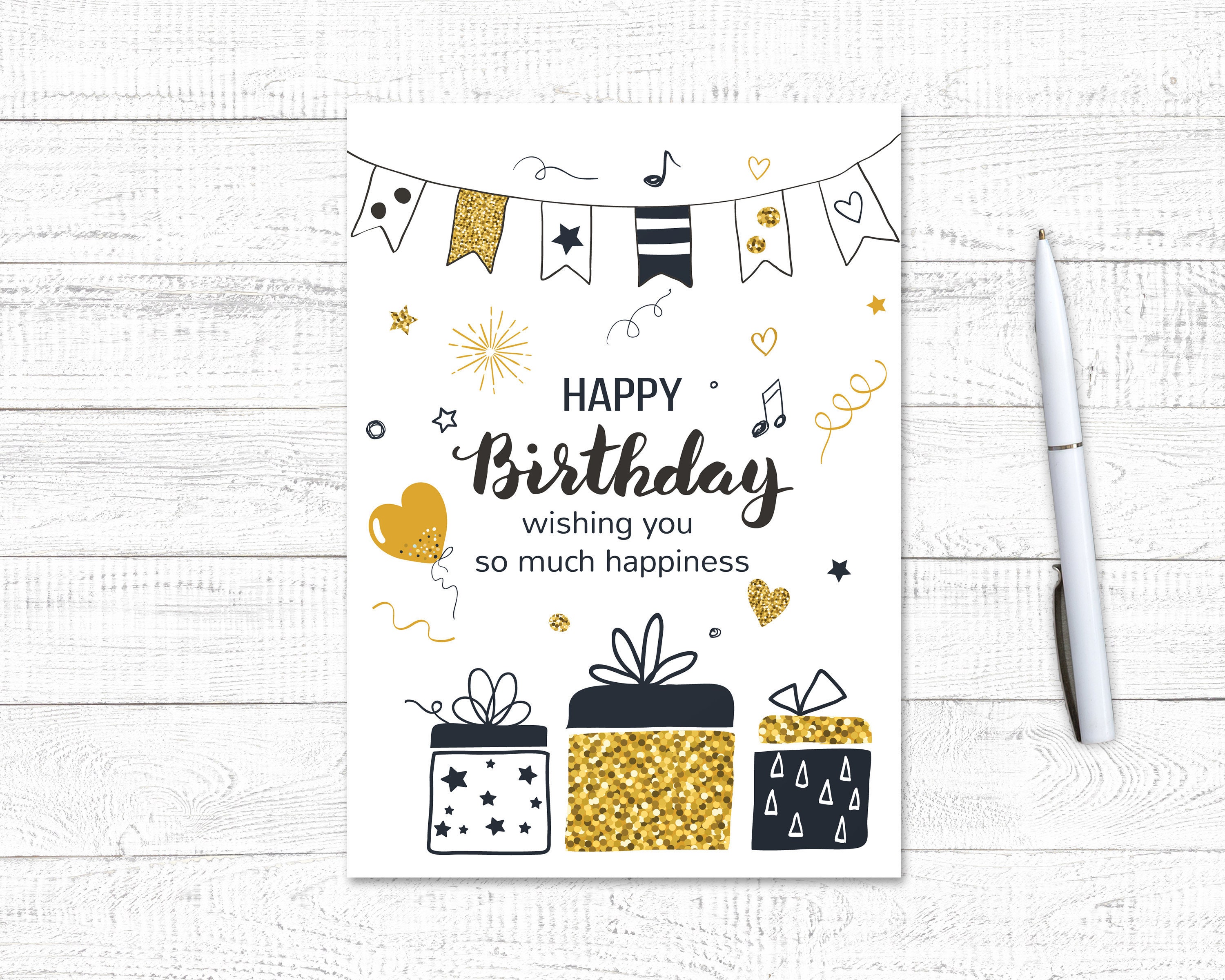Golden Birthday Card, PRINTABLE Birthday Card, Happy Birthday Card ...