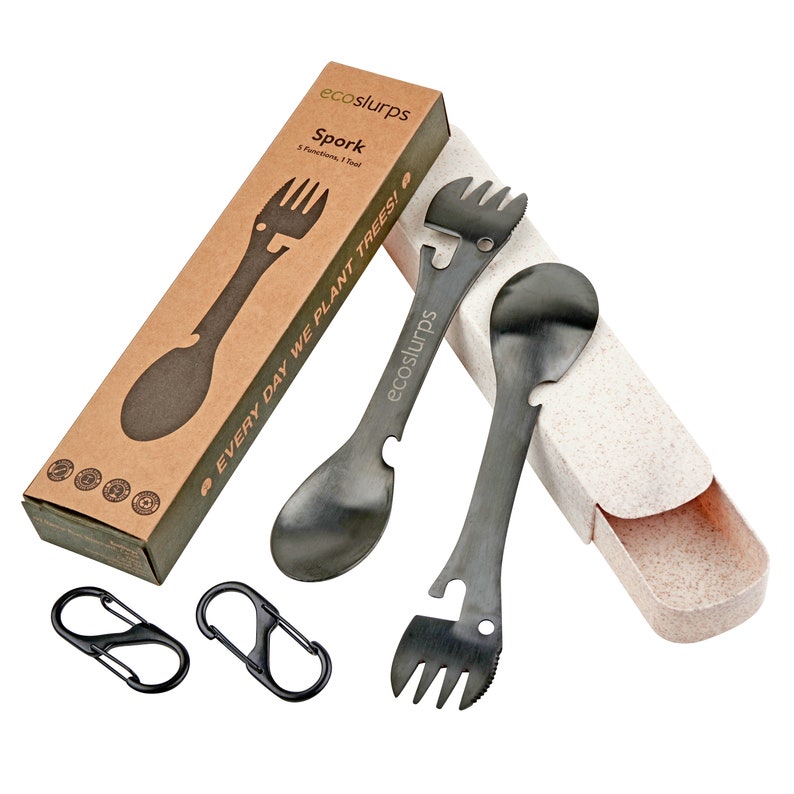 EcoSlurps Spork, eco friendly carry case and S-Biner clip Dad, Husband, Son Gift Camping & Hiking Gadget Tool Sporks Reusable Cutlery 2 x Spork