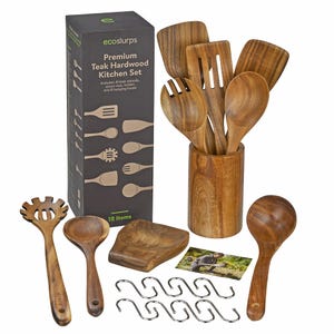 May include: A set of teak hardwood kitchen utensils including various spoons, spatulas, and a pasta fork, stored in a cylindrical wooden holder. The set includes a wooden spoon rest, eight metal S-hooks, and a box labelled Premium Teak Hardwood Kitchen Set.