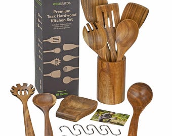 Teak Wood Kitchen Cooking Utensil Set – 16-Piece with Holder & Hooks: spatula, soup spoon, flippa, eco-friendly sustainable zero waste gift