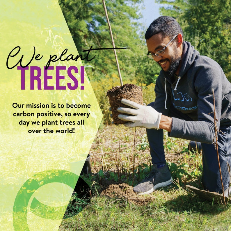 May include: A person plants a tree sapling in a pot. The person is wearing a dark blue hoodie with a white logo and a pair of black and white sneakers. The text "We plant TREES!" is in the upper left corner of the image. The text "Our mission is to become carbon positive, so every day we plant trees all over the world!" is in the lower left corner of the image.
