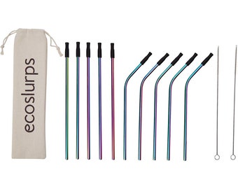 EcoSlurps Reusable Straws with Cleaning Brush, Case & Silicone Tips | Eco friendly Metal Straw Gift for Christmas Stocking Fillers! 12 Pack