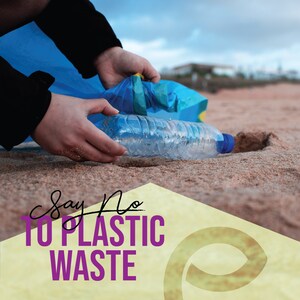 May include: A person picks up a plastic water bottle from a sandy beach. The text "Say No to Plastic Waste" is written in purple on a yellow background.