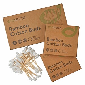 May include: Three boxes of bamboo cotton buds, with the brand name "ecoslurps" printed on each box. The boxes are brown and have a green leaf design. The cotton buds are made of bamboo and cotton, and are biodegradable and compostable. The boxes contain 200, 100, and 100 buds.