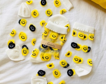 See-through Smiley smile women’s socks, White, Transparent socks, Unique socks, Fashion socks, Summer