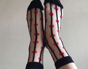 See-through ribbon stripe women's socks, White, Pink, Black, Transparent socks, Unique socks, Fashion socks, Summer [3 colours available]