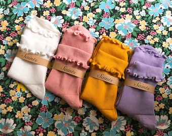 Calzini da donna in cotone con volant, bianco, rosa, giallo, viola, azzurro, calzini unici, calzini alla moda [5 colori disponibili]