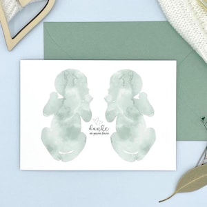 Dankeskarte Hebamme Zwillinge - Geschenk Karte "Danke von ganzem Herzen" Minze in A6 mit Babys um Doula, Freunden und Familie zu danken