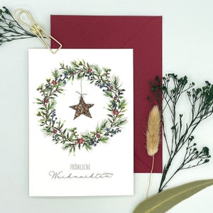 Aquarell Weihnachtskarte "Kranz und Stern" - Karte zu Weihnachten und zum Geschenk mit Kuvert