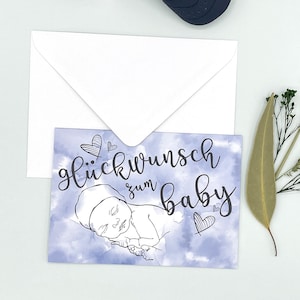 Karte zur Geburt: Glückwunschkarte Aquarell in Blau mit Baby Illustration